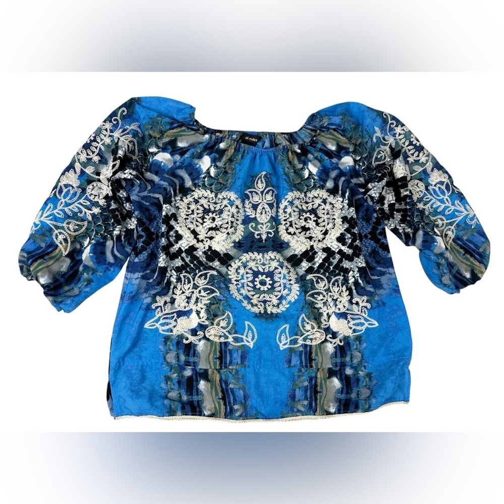 Ali Miles Petite Medium PM Blue Embroidered Blouse 3/4 Sleeve Abstract Boho Top